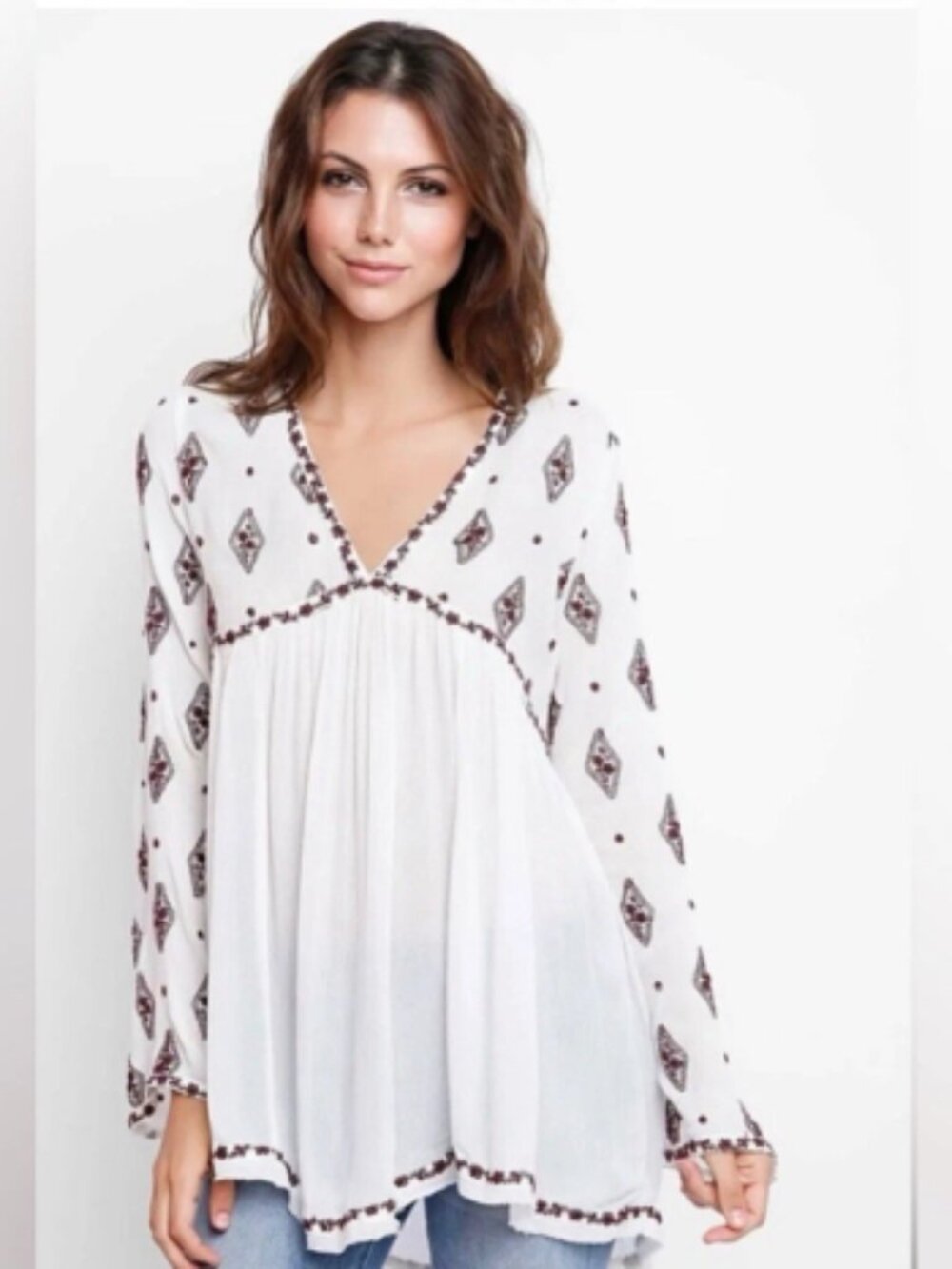 Free People Diamond Embroidered Tunic Dress/Shirt Oversized Bell Sleeves - Large